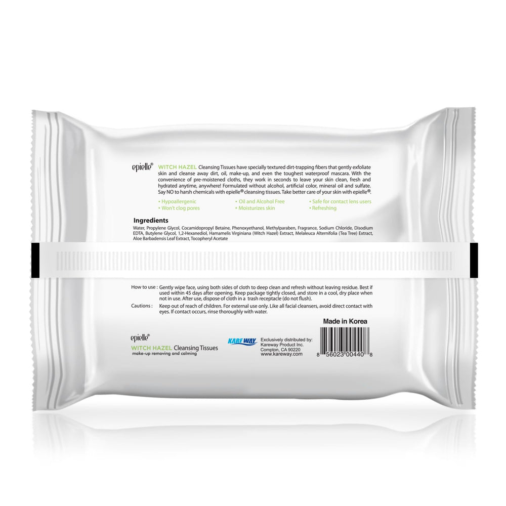 Epielle Witch Hazel Makeup Remover Wipes moist cloth closeup illustrating convenient, pre-moistened cleansing