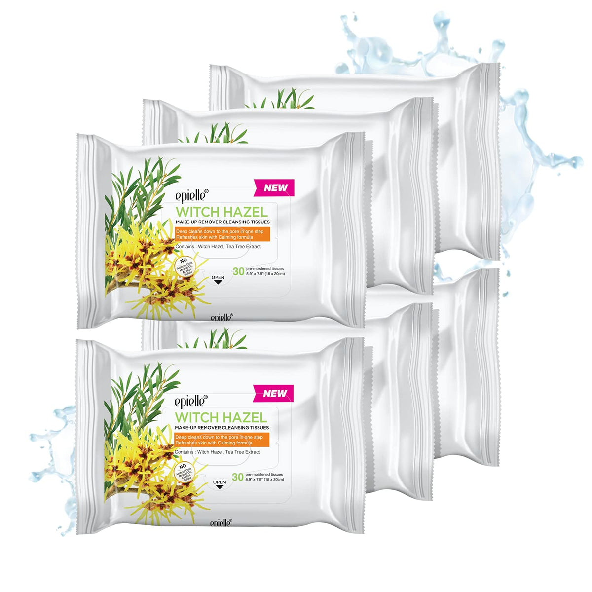 Epielle Witch Hazel Makeup Remover Wipes pack front showing six-pack for on-the-go skincare