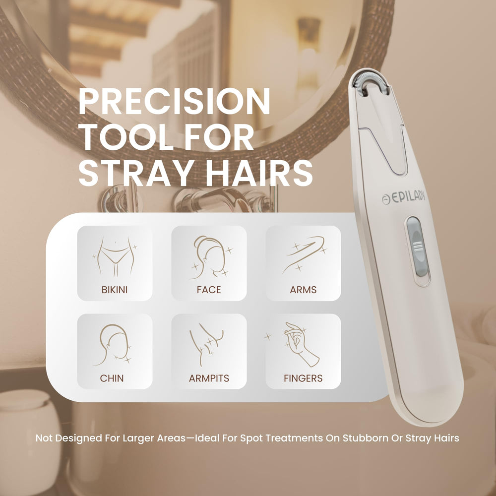 Epilady Esthetic Pearl epilator in use on upper lip demonstrates gentle, targeted hair removal.