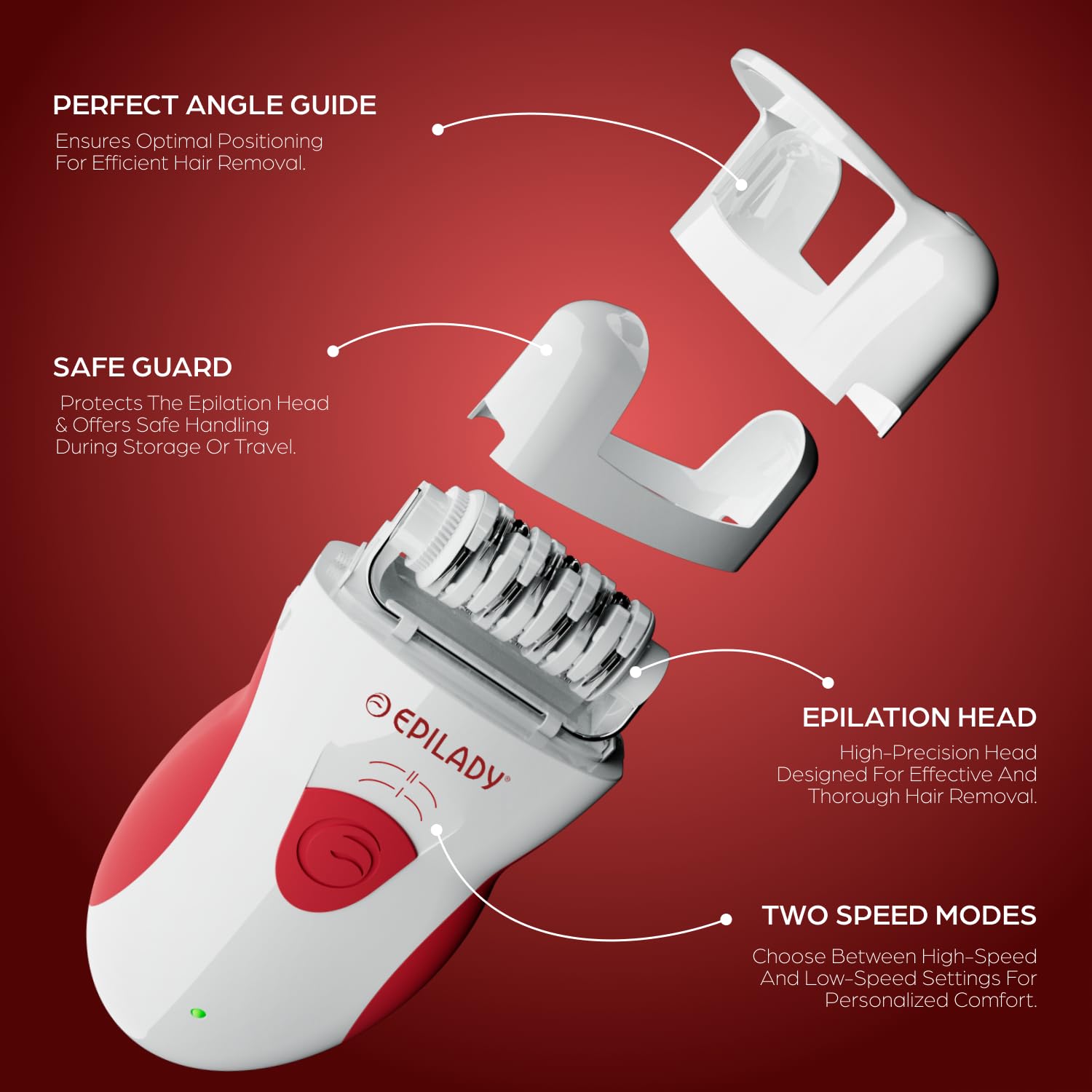 Epilady Legend 4 angle-guide image emphasizing 80-degree angle for efficient removal.