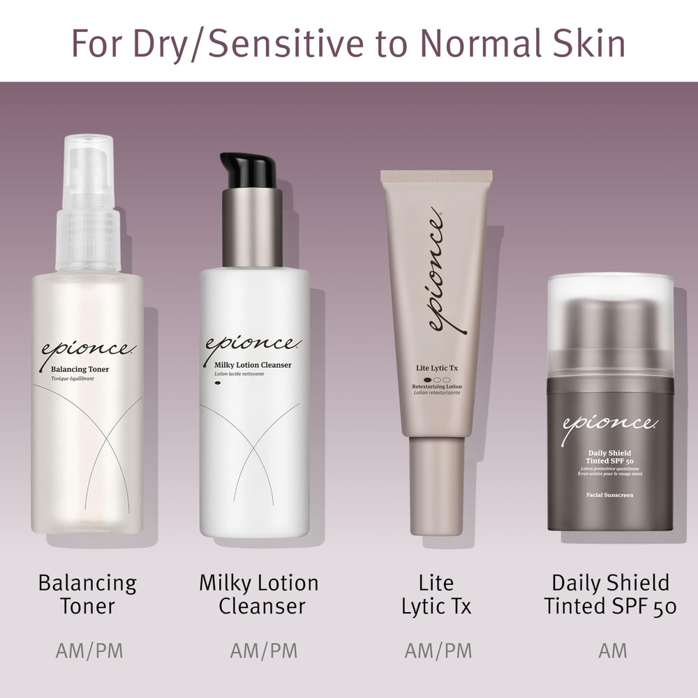 Epionce Balancing Toner dry sensitive skin scene demonstrates compatibility with sensitive skin.