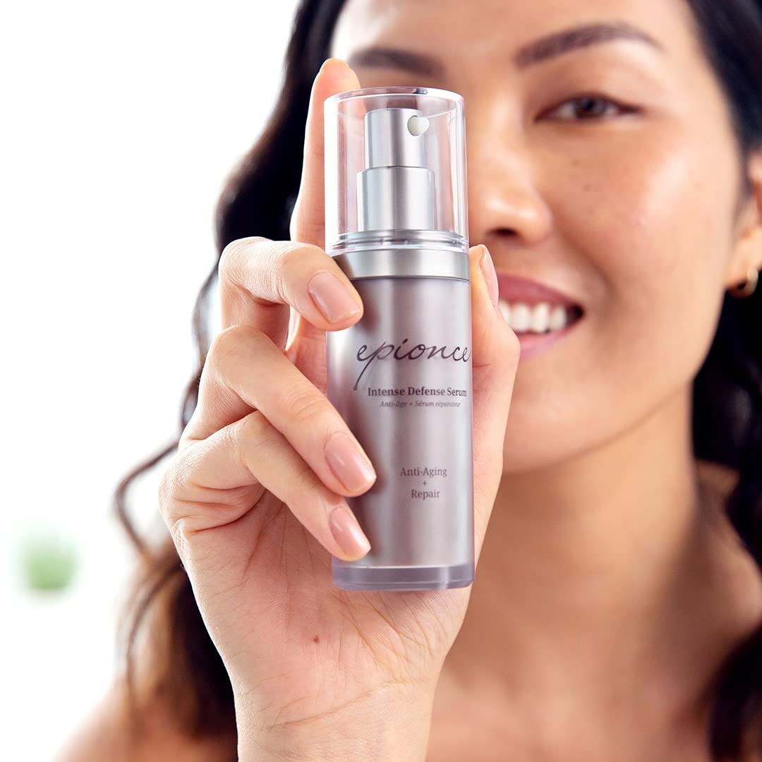 Epionce Intense Defense Serum skincare routine shot suggests anti-aging nourishment.