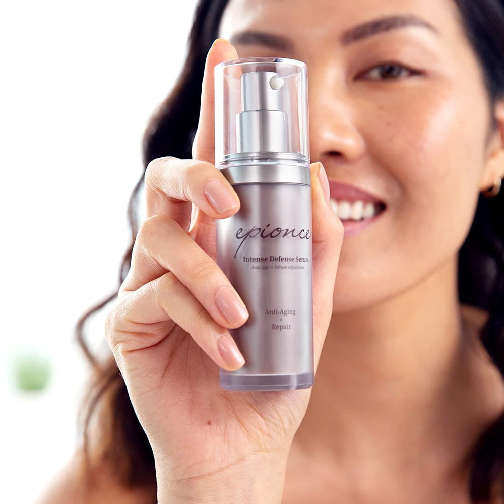 Epionce Intense Defense Serum skincare routine shot suggests anti-aging nourishment.