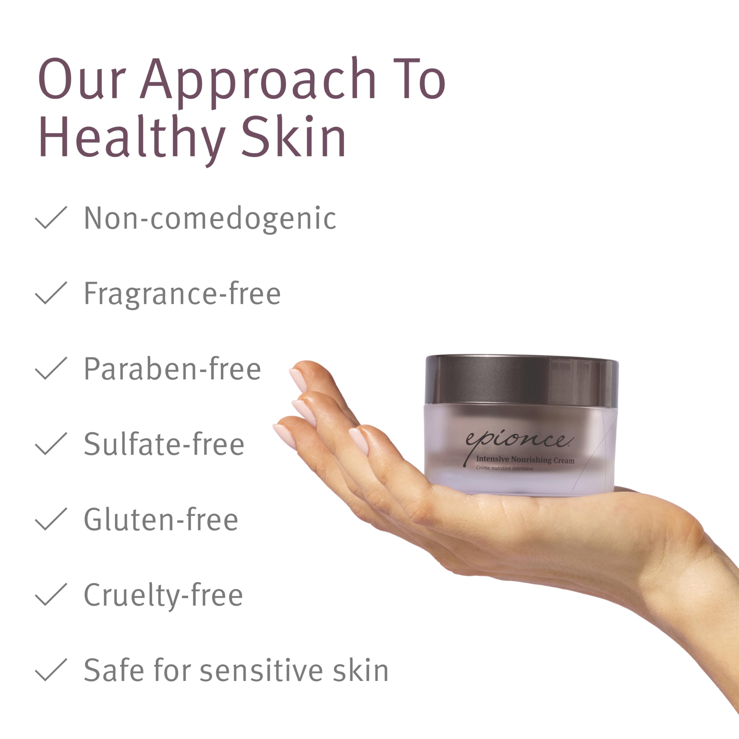 Epionce Intensive Nourishing Cream ingredient panel emphasizes ceramides, glycerin and squalene benefits.