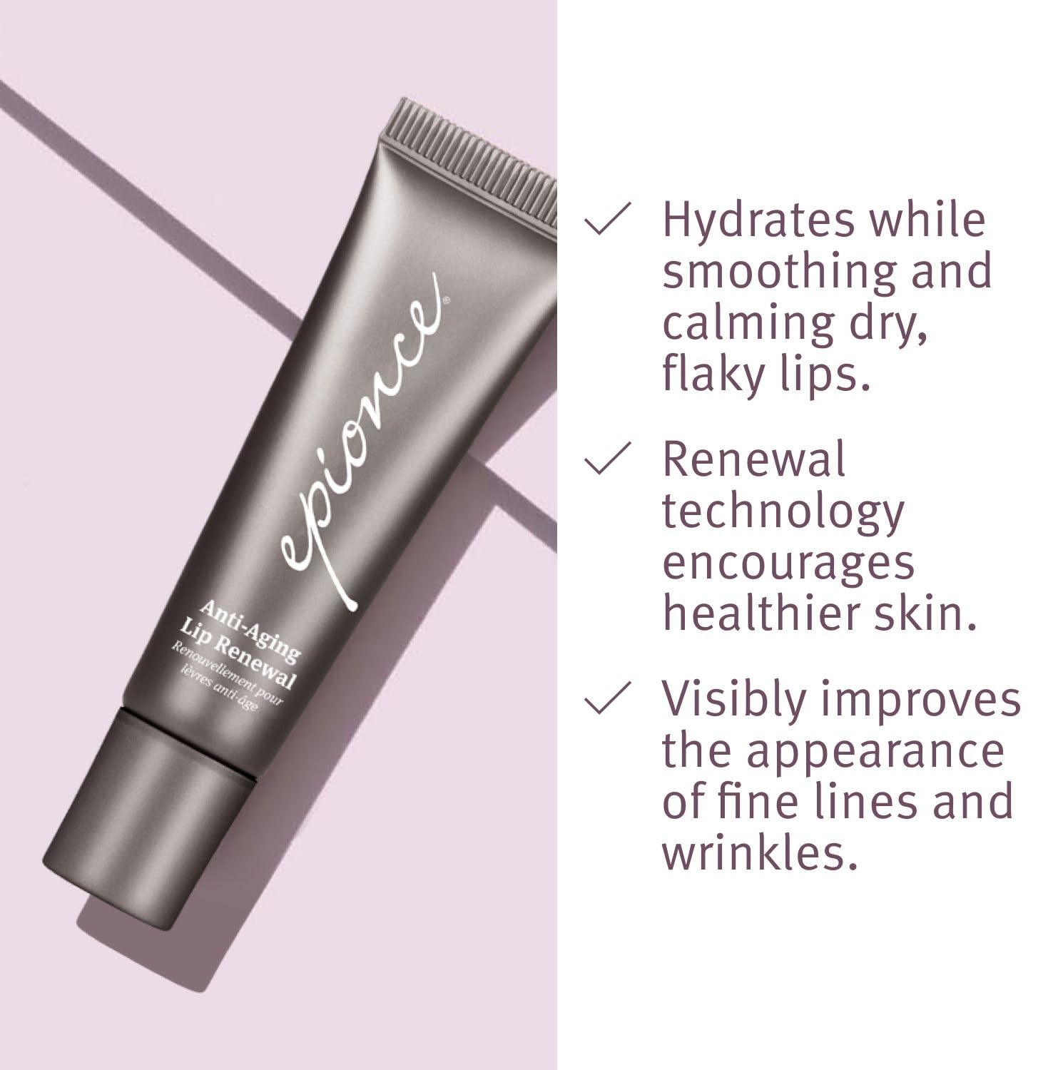 Epionce Lip Renewal soft-focus technology illustrates diminished fine lines around the lip area.