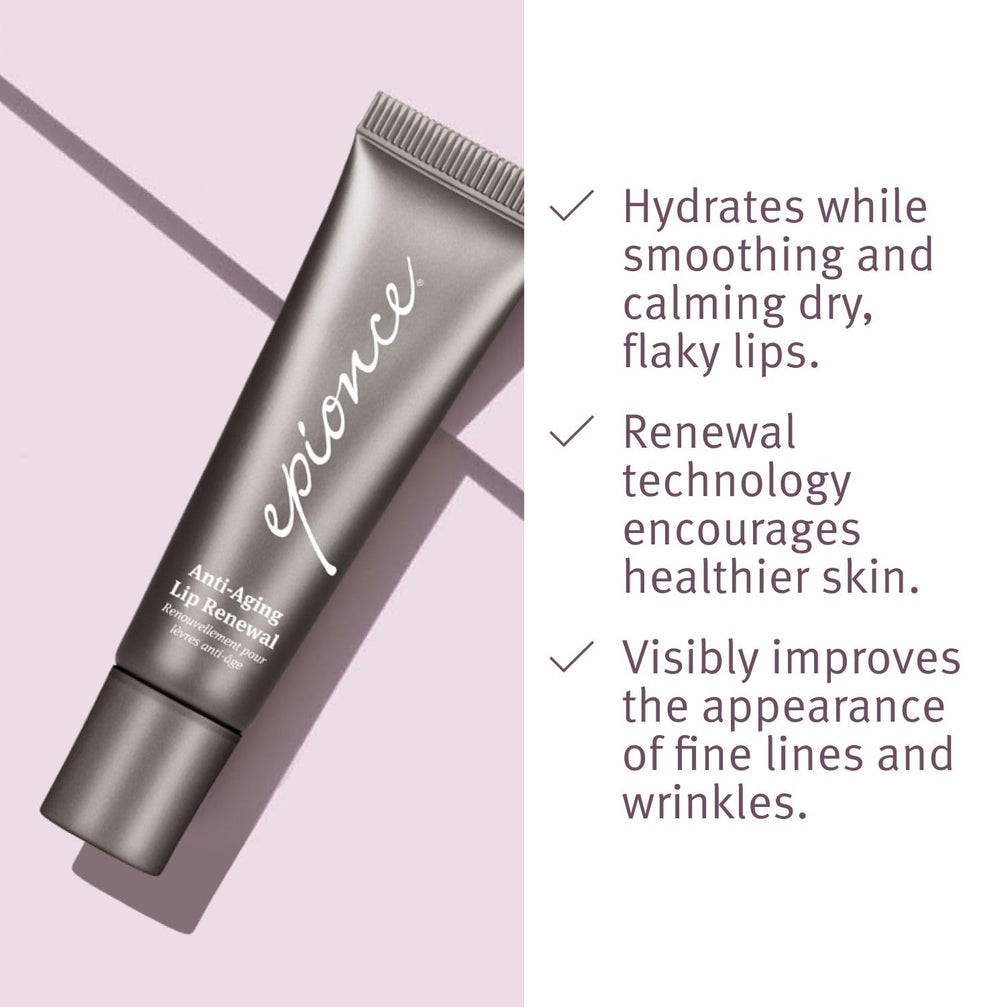 Epionce Lip Renewal soft-focus technology illustrates diminished fine lines around the lip area.