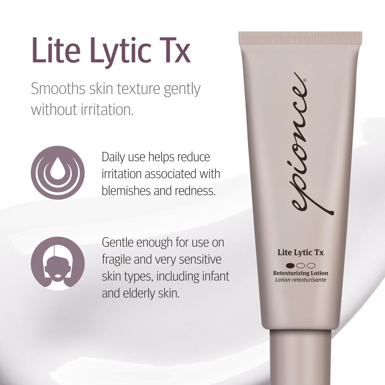 Epionce Lite Lytic Tx porcelain-skin close-up conveys even tone and refined texture.