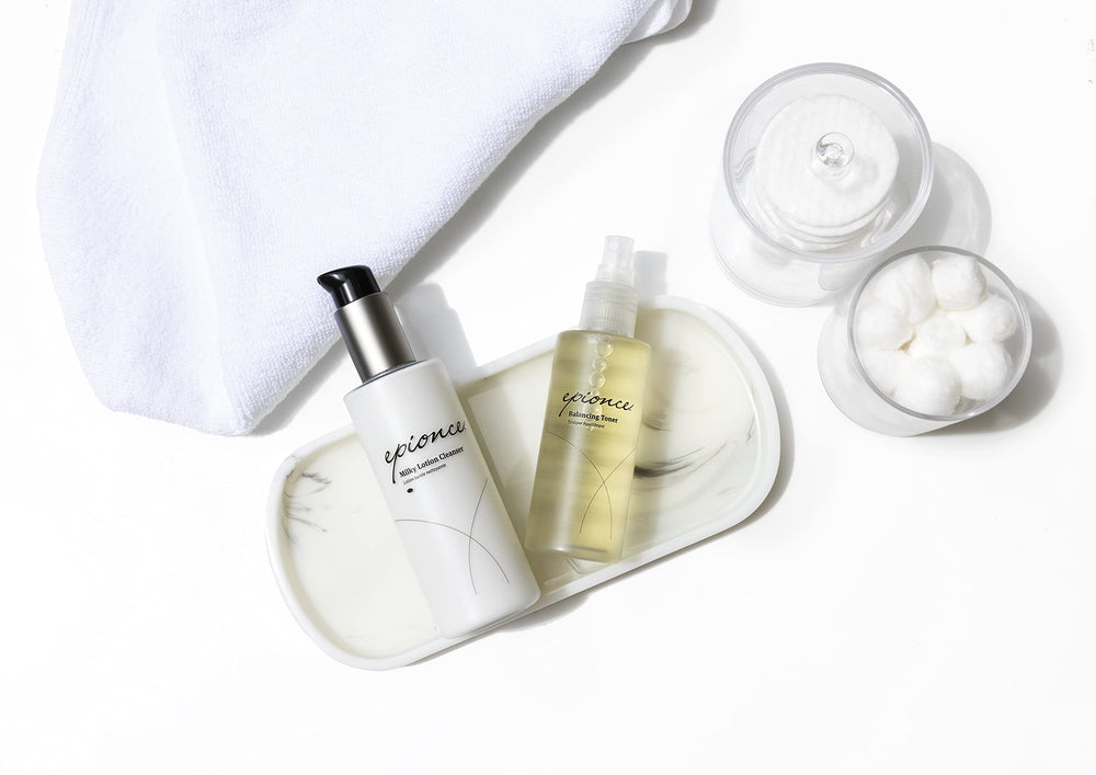 Epionce Milky Lotion Cleanser fragrance-free tube on shelf for irritation-free daily use.