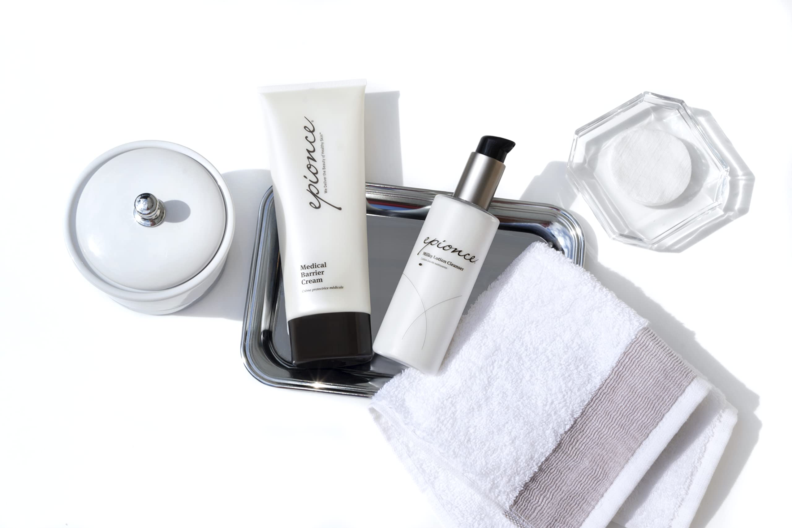 Epionce Milky Lotion Cleanser on tissue removal demonstrating makeup and impurities lifting.