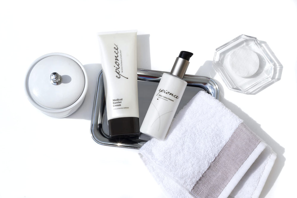 Epionce Milky Lotion Cleanser on tissue removal demonstrating makeup and impurities lifting.