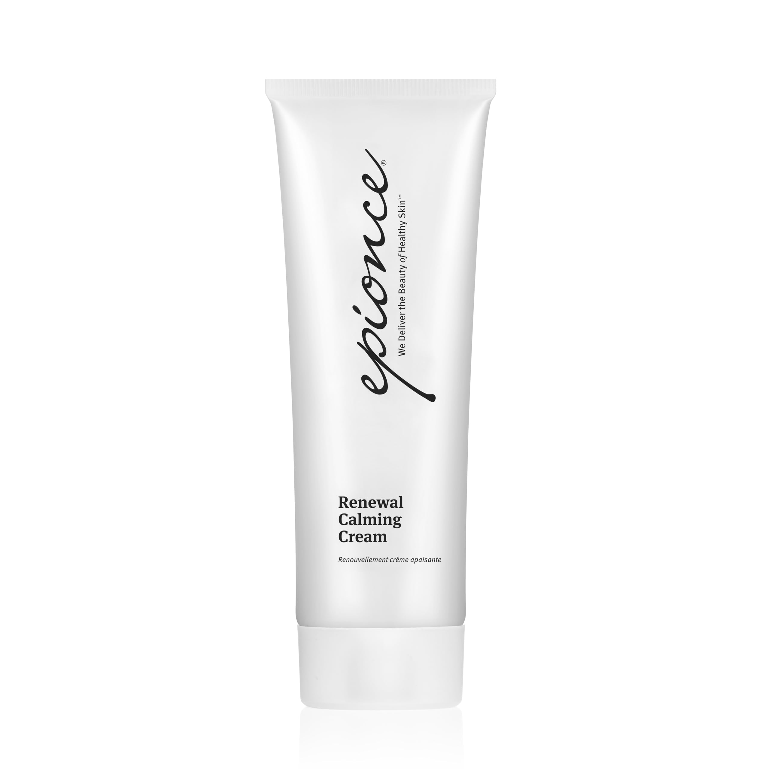 Epionce Renewal Calming Cream bottle application showing soothing hydration for dry skin
