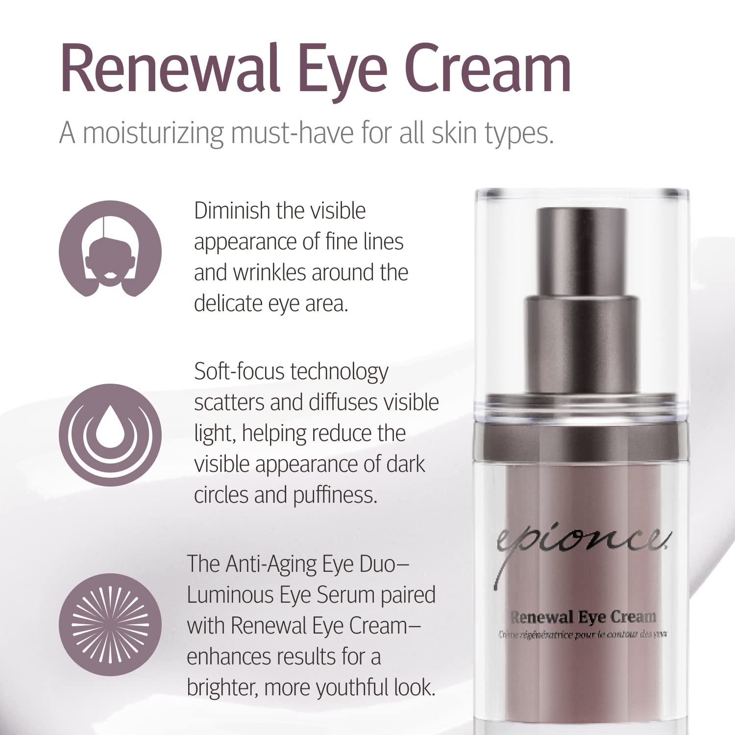 Epionce Renewal Eye Cream closeup texture highlights silky lightweight daily-use feel.