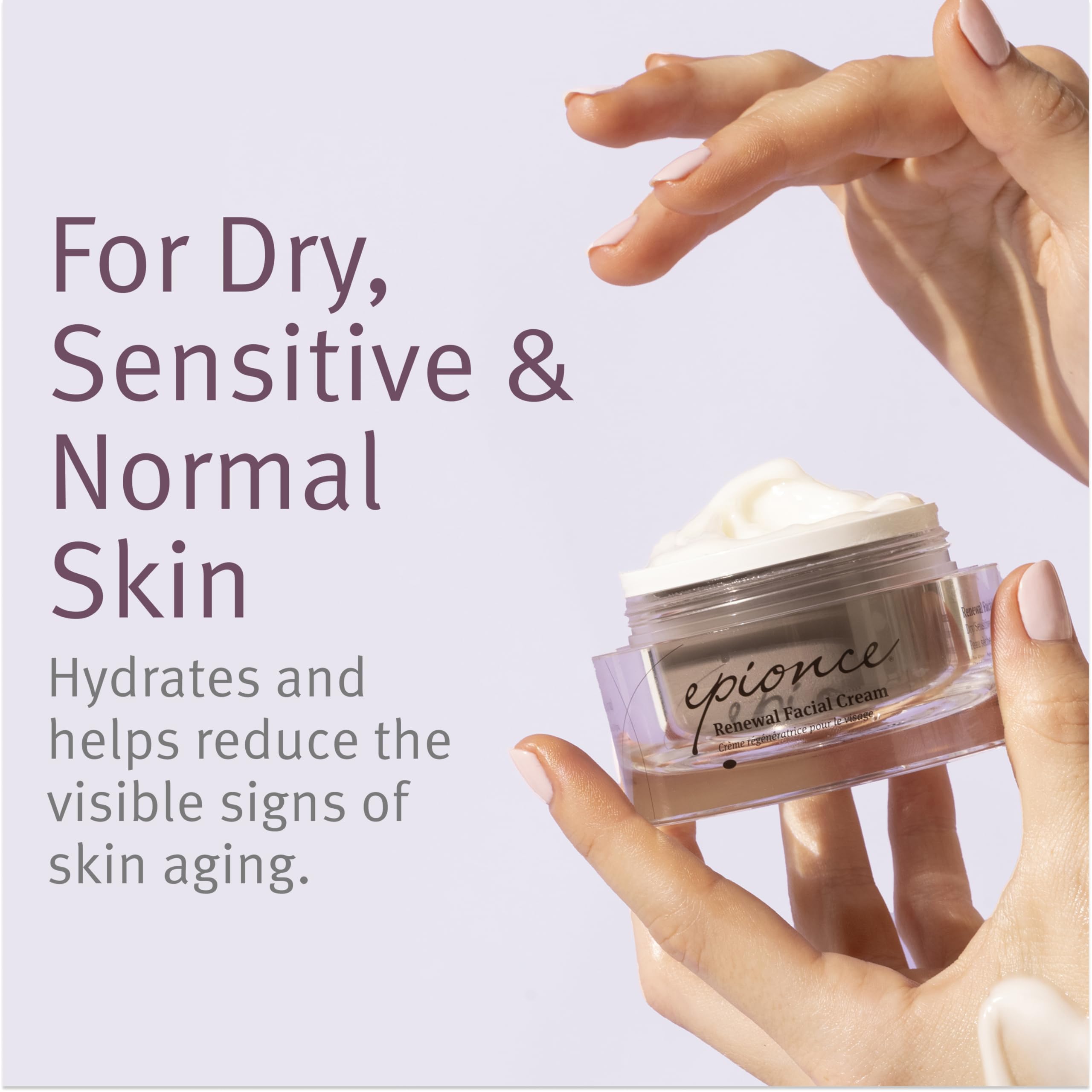 Epionce Renewal Facial Cream jar close-up reveals rich texture for deep moisturization