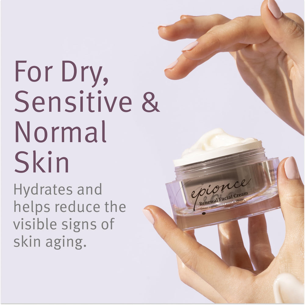 Epionce Renewal Facial Cream jar close-up reveals rich texture for deep moisturization