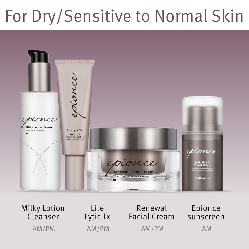 Epionce Renewal Facial Cream texture close-up emphasizes nourishing feel for dry skin