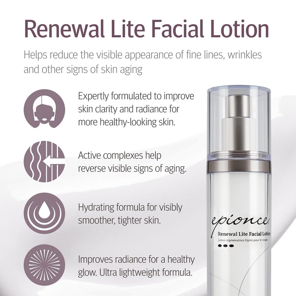Epionce Renewal Lite cream texture closeup, non-greasy finish for combination skin.