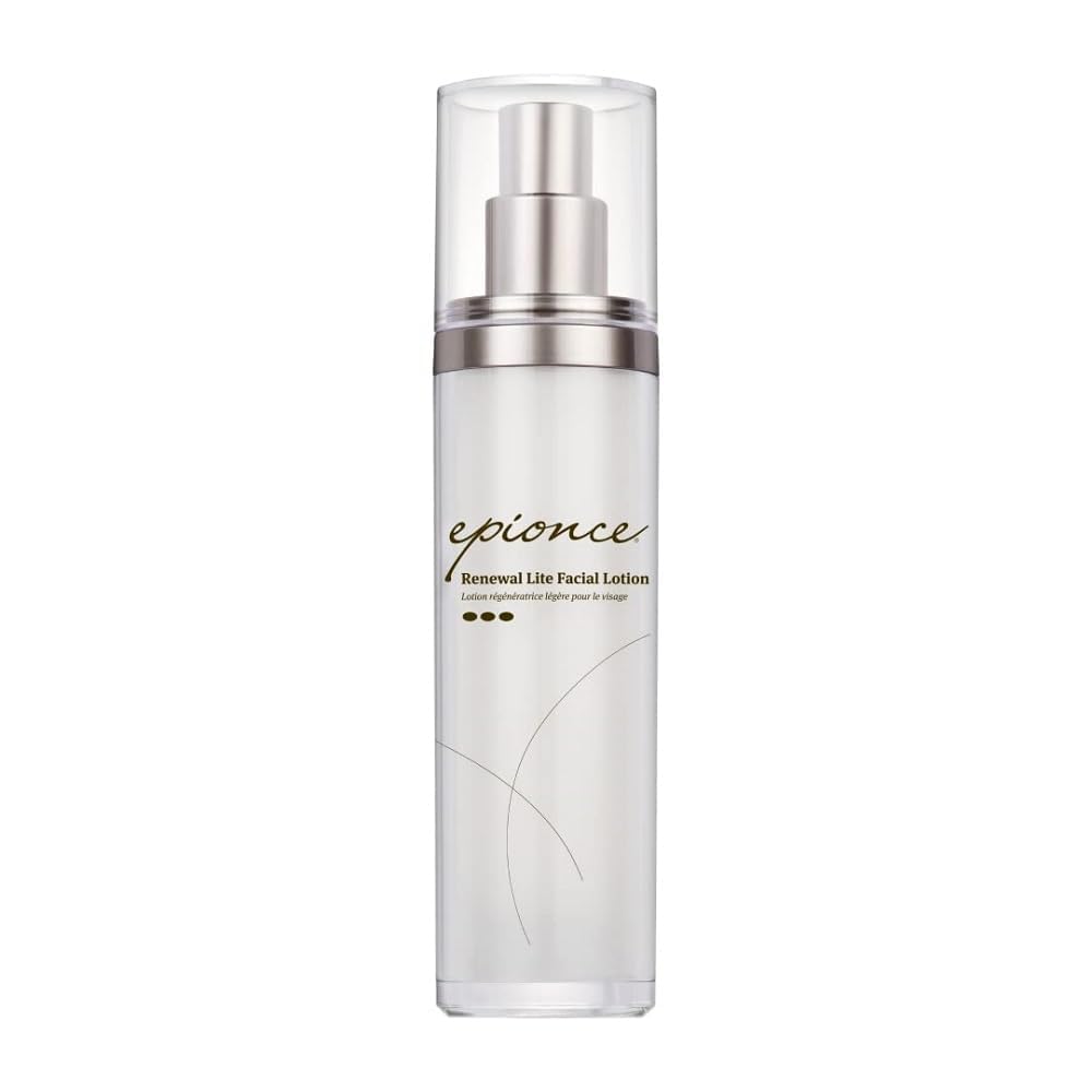 Epionce Renewal Lite facial lotion bottle on counter, lightweight hydration for oily skin.