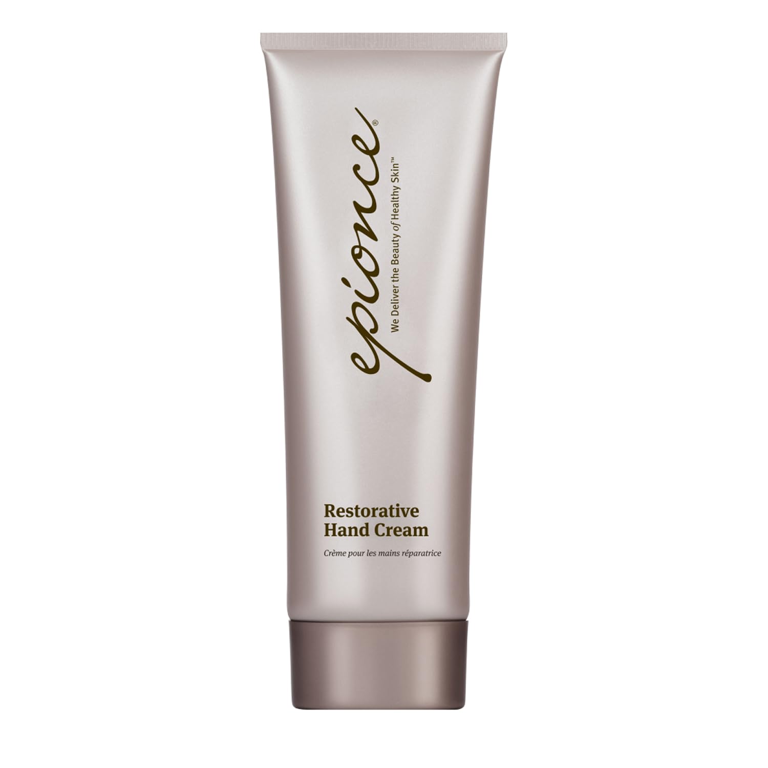 Epionce Restorative Hand Cream tube close-up showing quick absorption for daily hydration.