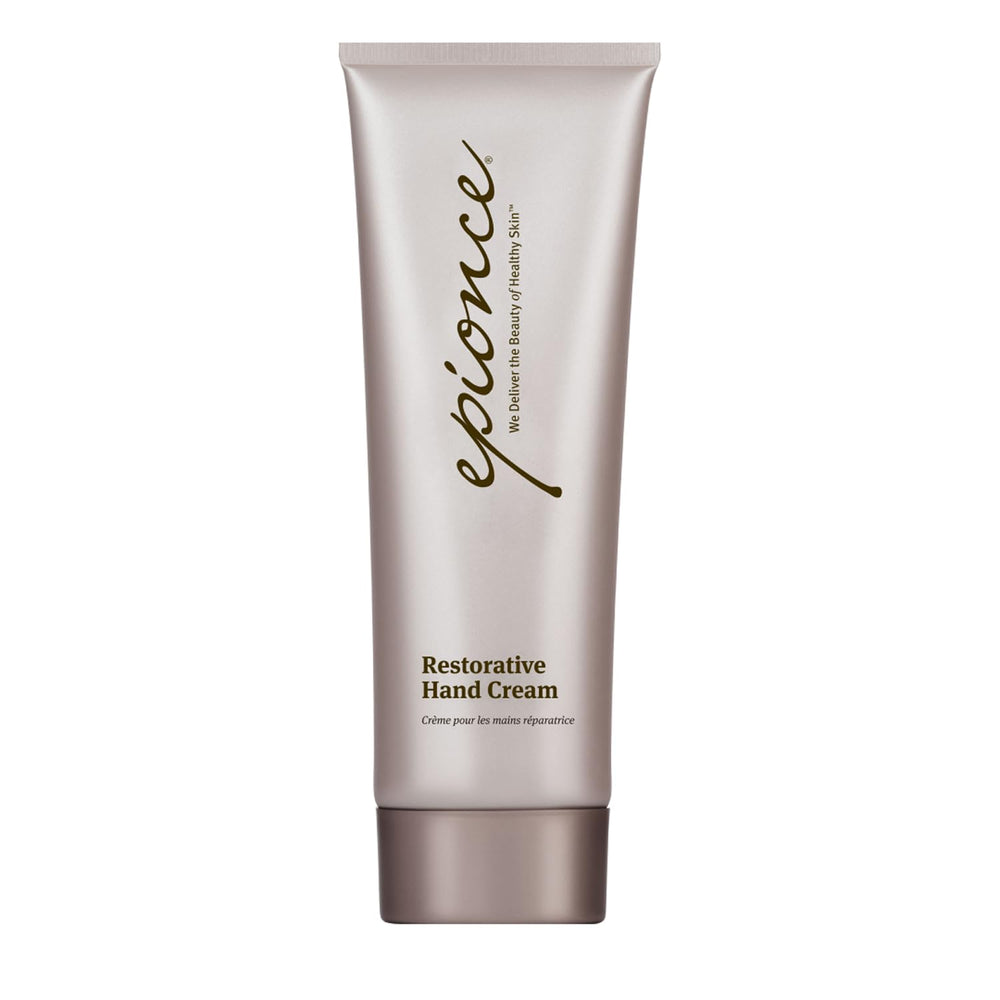 Epionce Restorative Hand Cream tube close-up showing quick absorption for daily hydration.