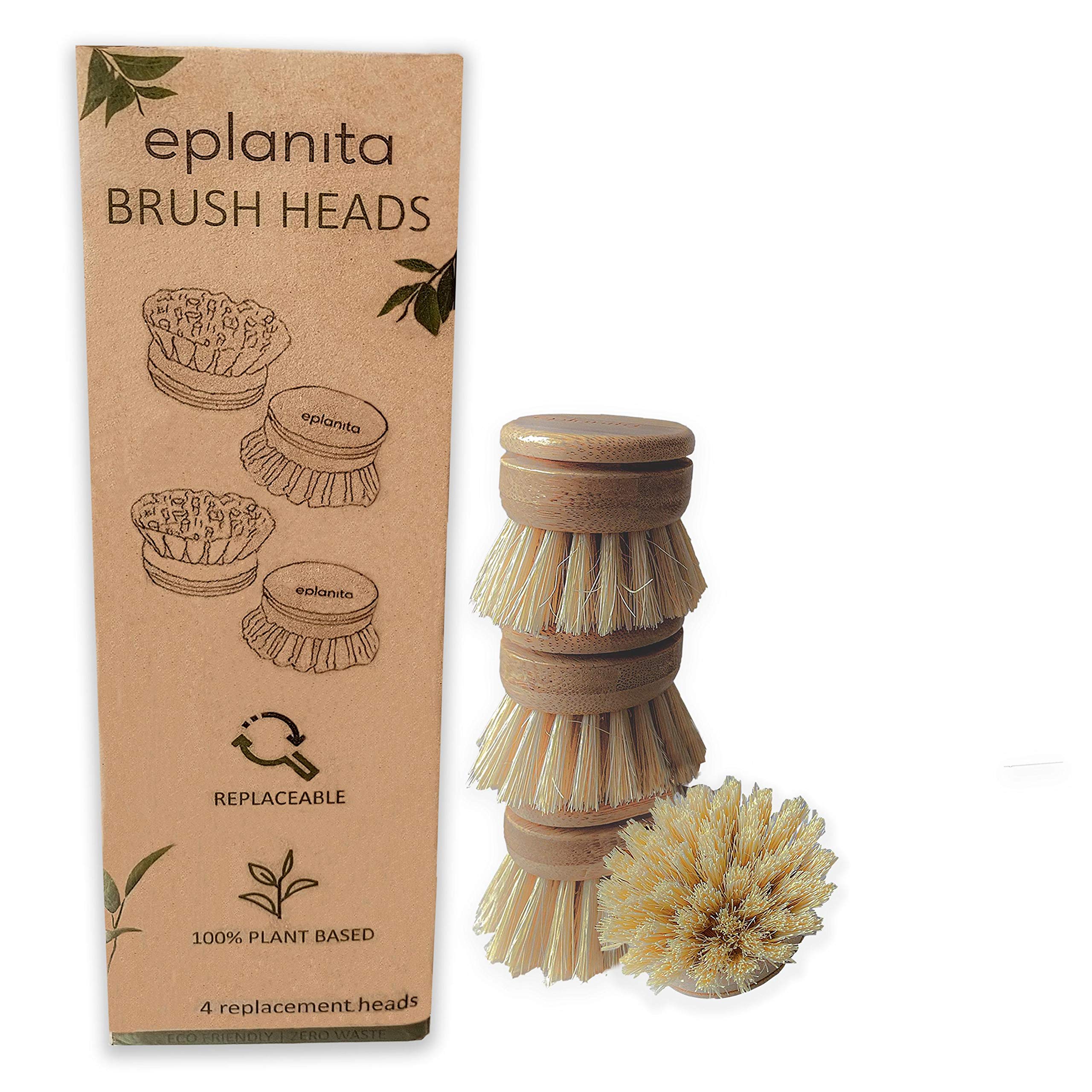 eplanita replacement brush heads pack of 4 showcasing sustainable refill option for bamboo dish brush.
