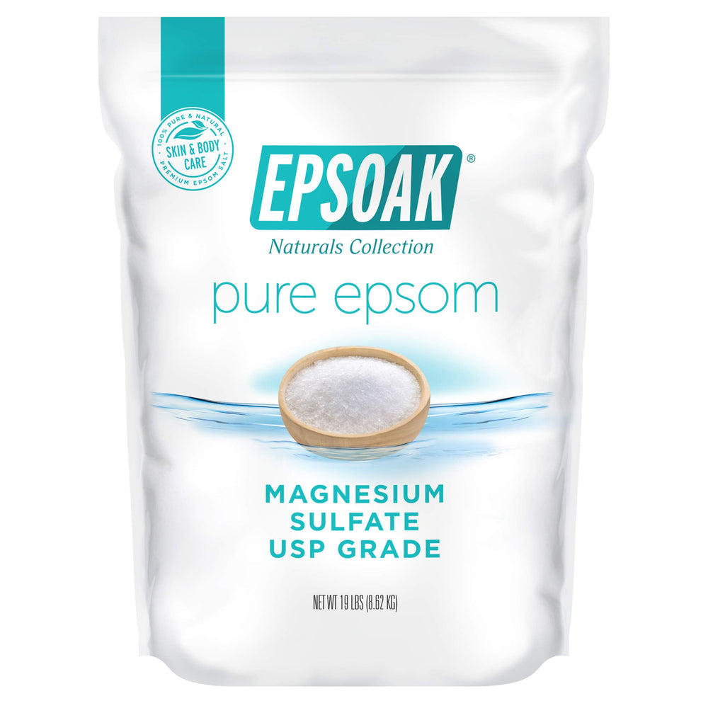 Epsoak Epsom Salt 19 lb bulk bag close-up shows premium magnesium sulfate for a soothing bath.