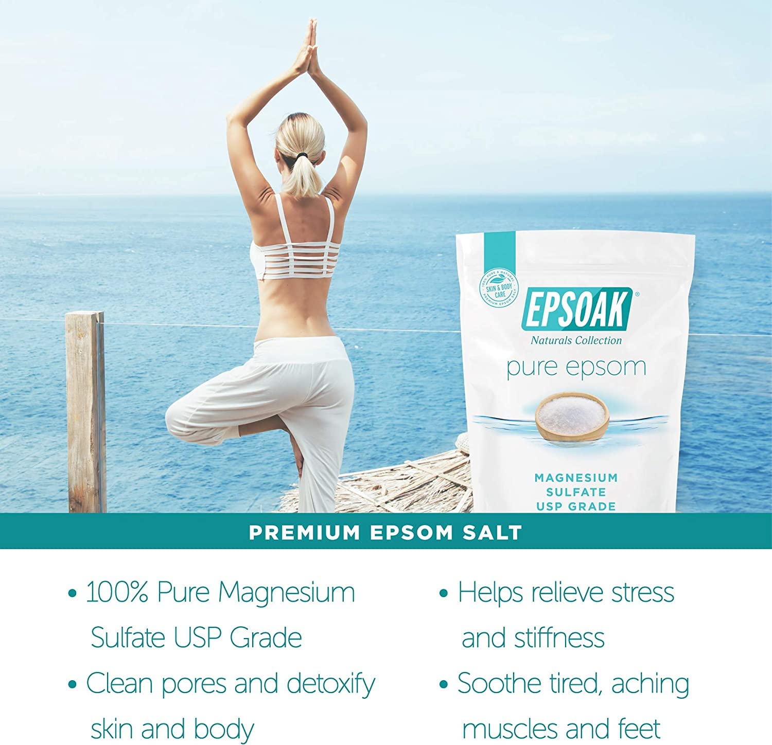 Epsoak Epsom Salt in warm bath aids soothing muscle comfort.