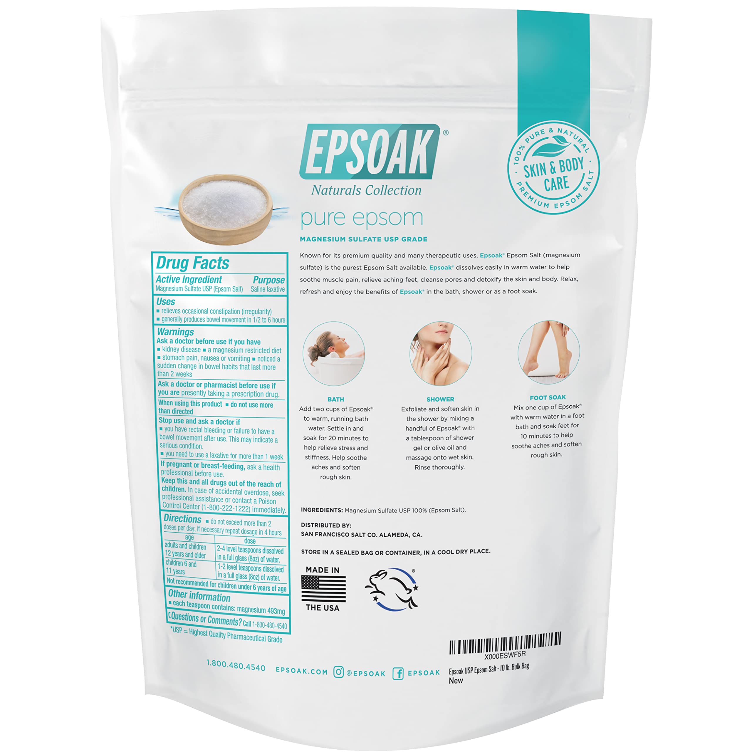 Epsoak Epsom Salt grains quickly dissolve for quick bath routines.