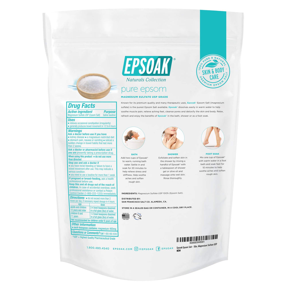 Epsoak Epsom Salt quick-dissolve grains for fast, relaxing soaks.