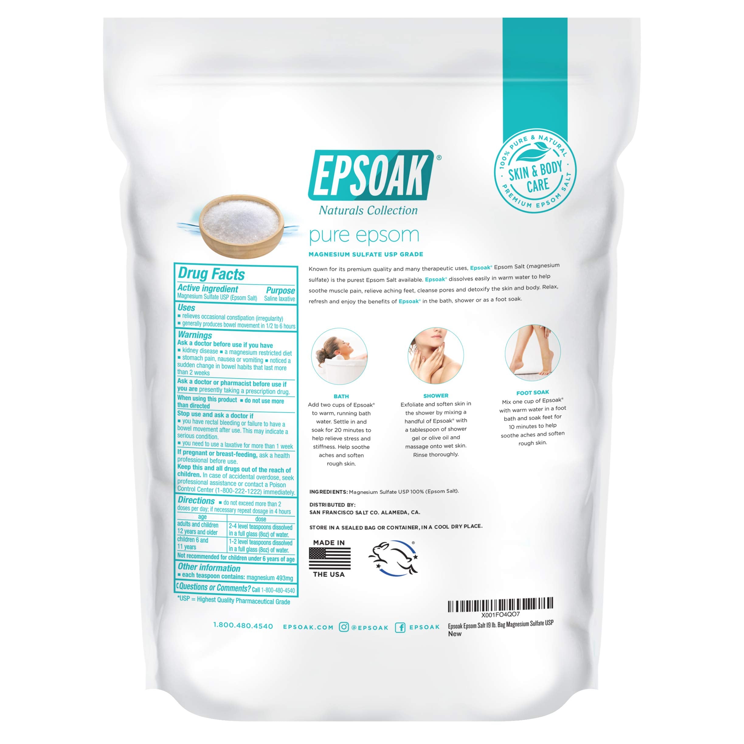 Epsoak relaxing bath-scene emphasizes skin-softening potential with natural unscented salts.
