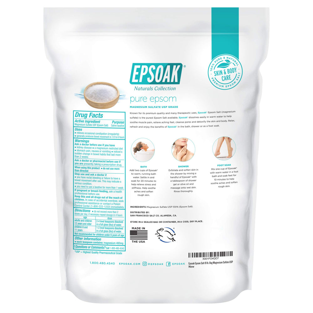 Epsoak relaxing bath-scene emphasizes skin-softening potential with natural unscented salts.