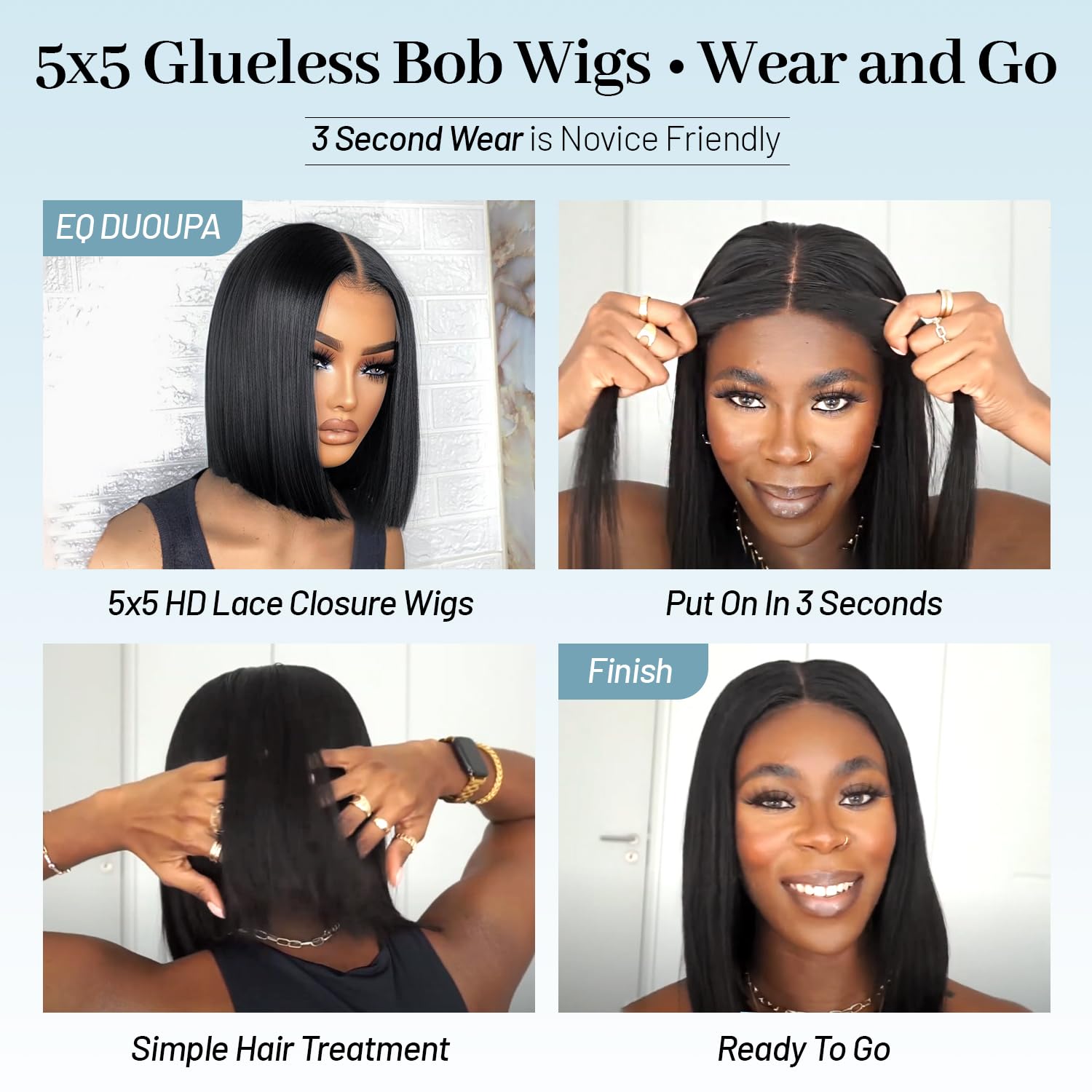 EQ DUOUPA straight bob on model demonstrates versatile styling for work or events.