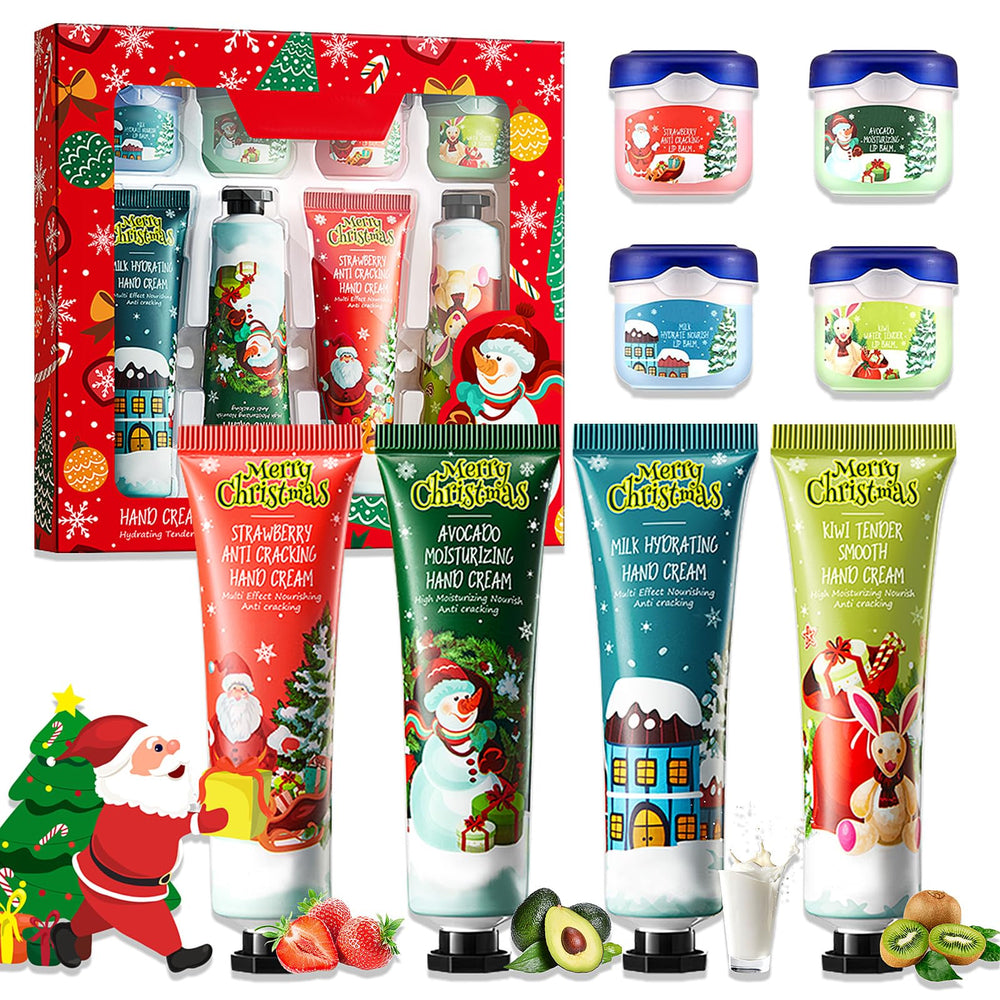 Eqimznv Christmas set packaging displays hand creams and lip balms for daily hydration and gifting