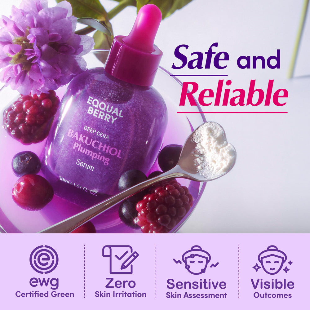 EQQUALBERRY Bakuchiol serum ingredients illustration highlights peptides, Niacinamide, and ceramides.
