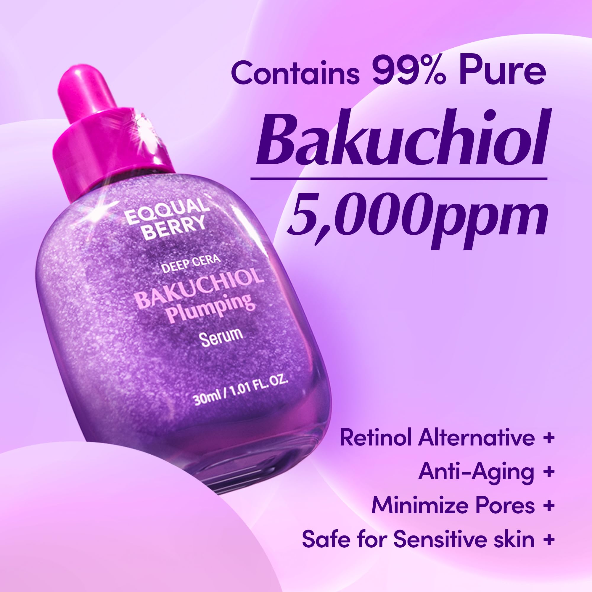 EQQUALBERRY Bakuchiol serum label closeup highlights natural retinol alternative for sensitive skin.
