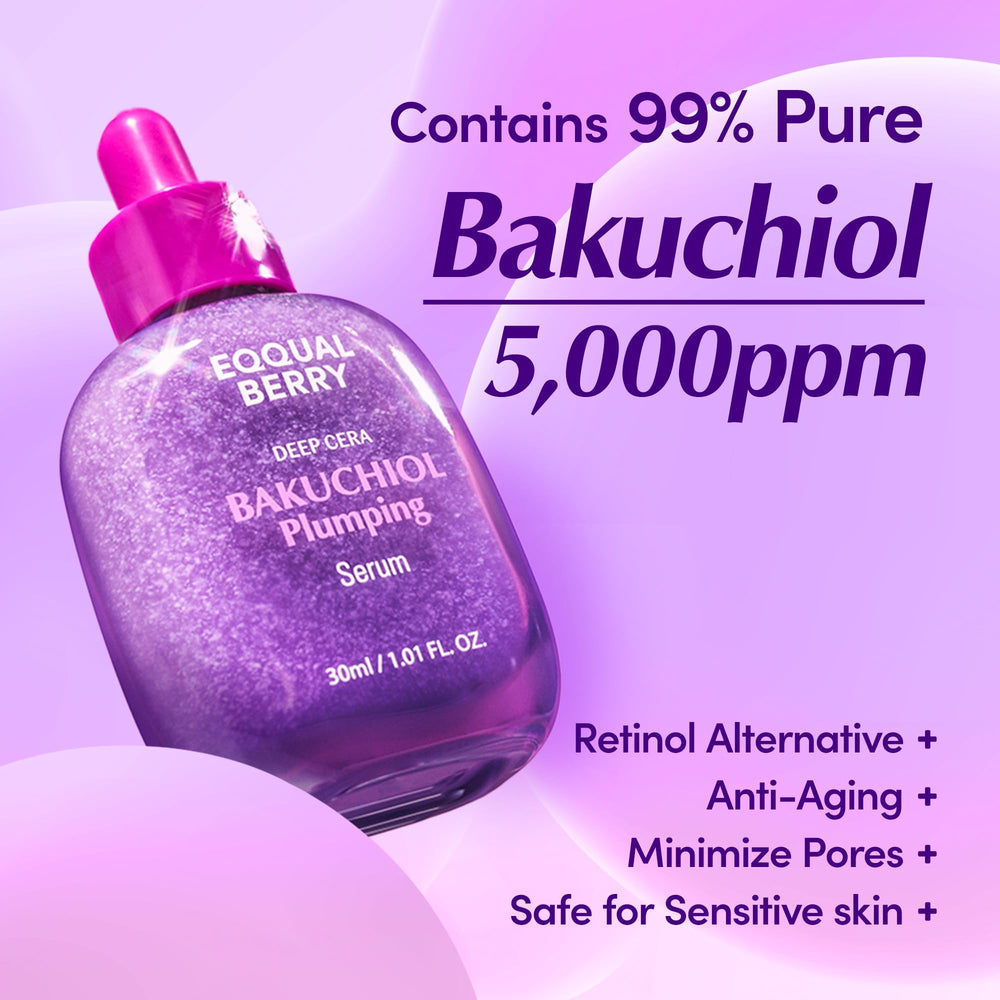 EQQUALBERRY Bakuchiol serum label closeup highlights natural retinol alternative for sensitive skin.