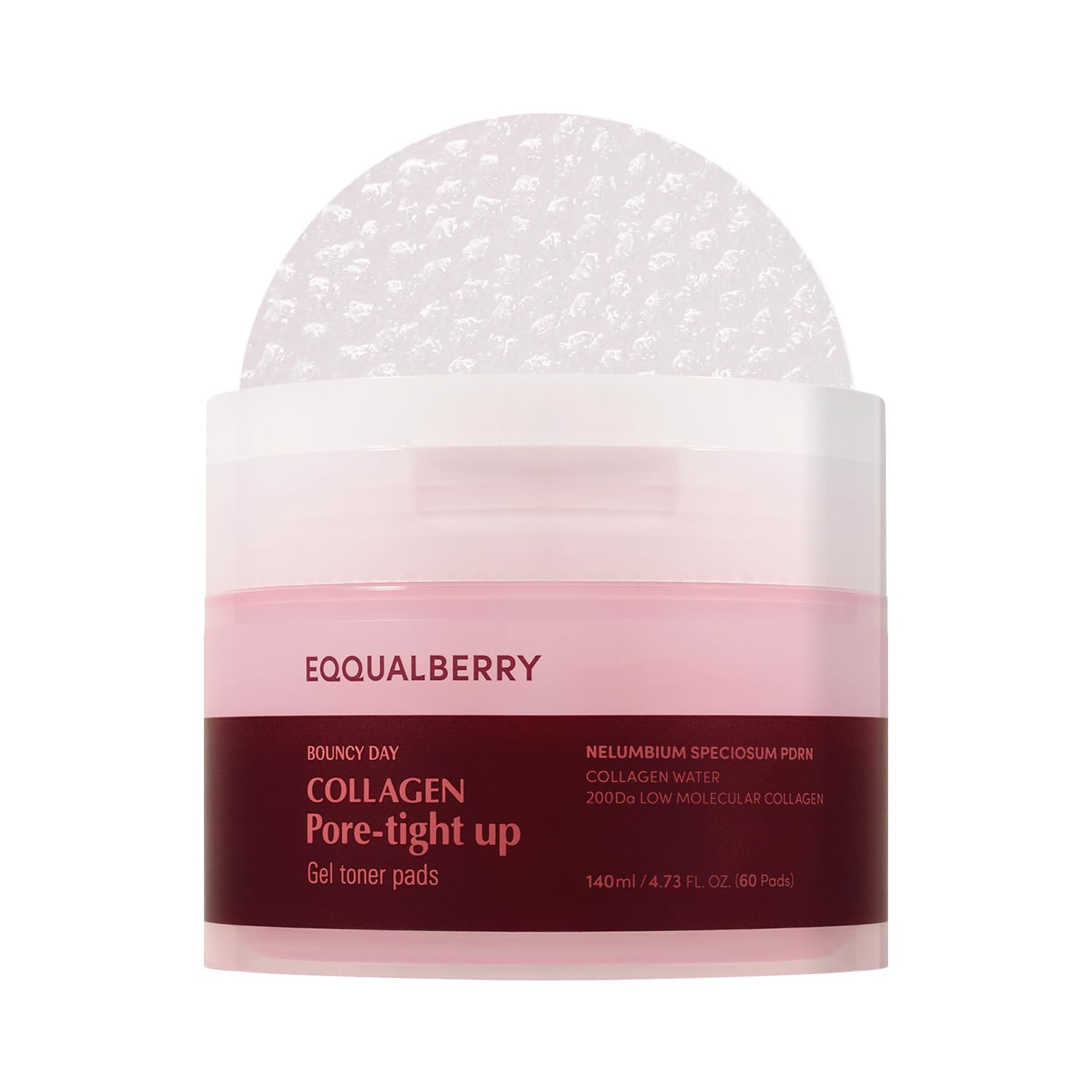 EQQUALBERRY collagen pore-tight toner pad close-up shows gel-rich hydration