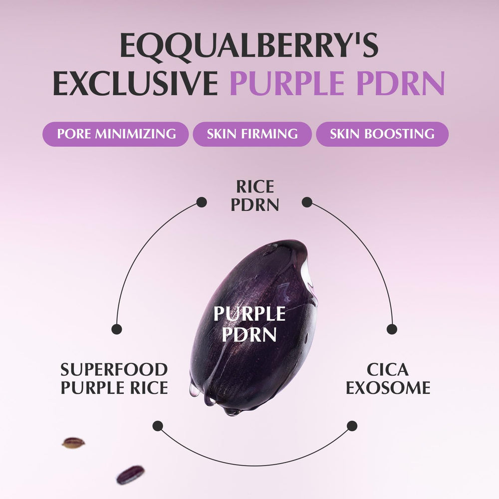 EQQUALBERRY Purple PDRN Serum application on hands suggests gentle, calming hydration.