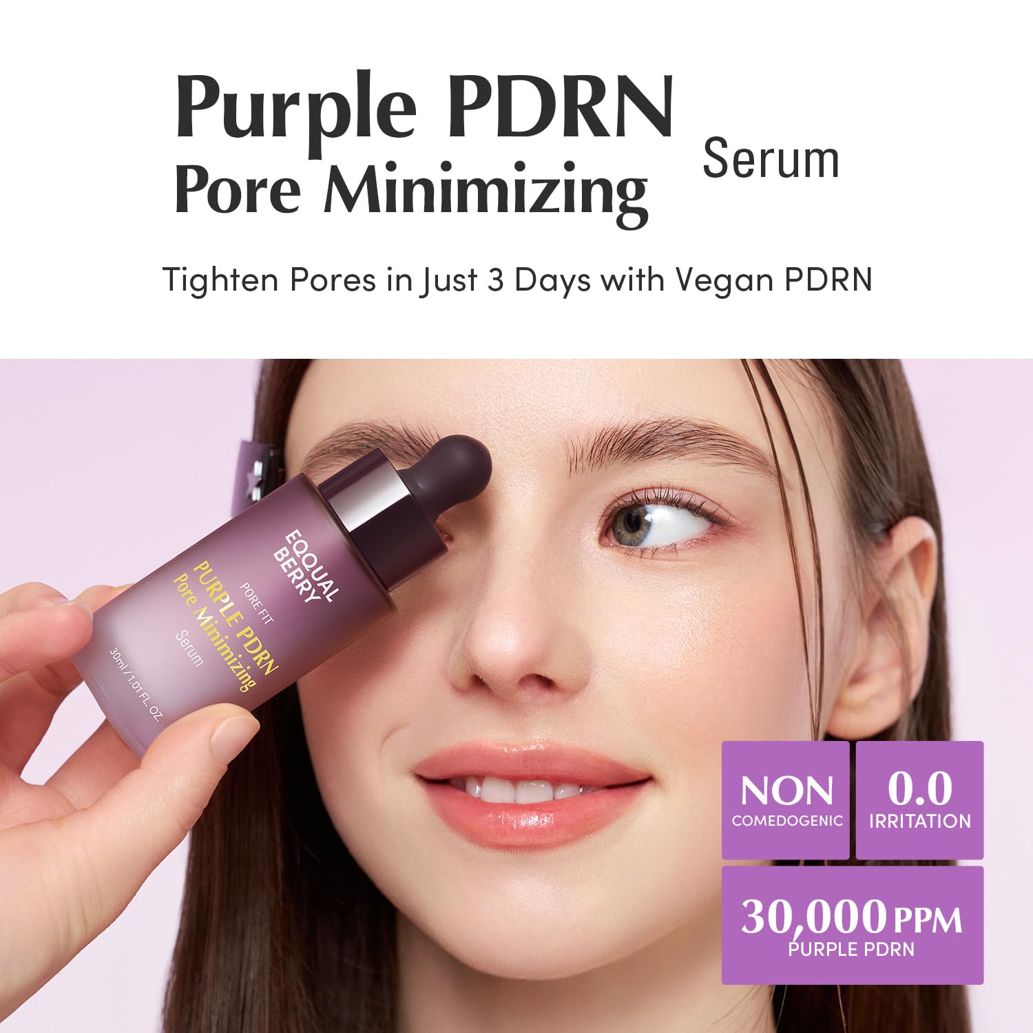 EQQUALBERRY Purple PDRN Serum texture closeup highlights silky absorption.