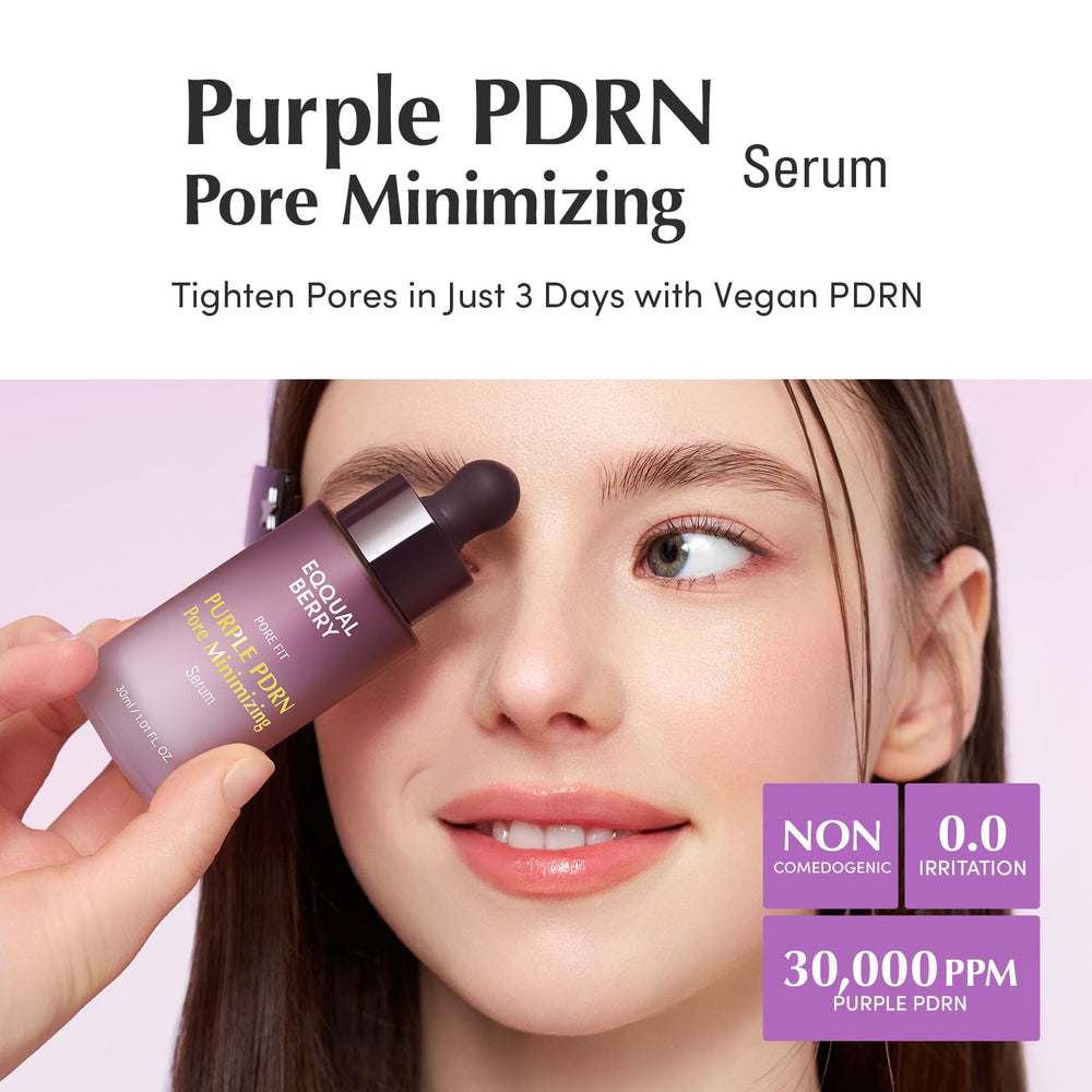 EQQUALBERRY Purple PDRN Serum texture closeup highlights silky absorption.