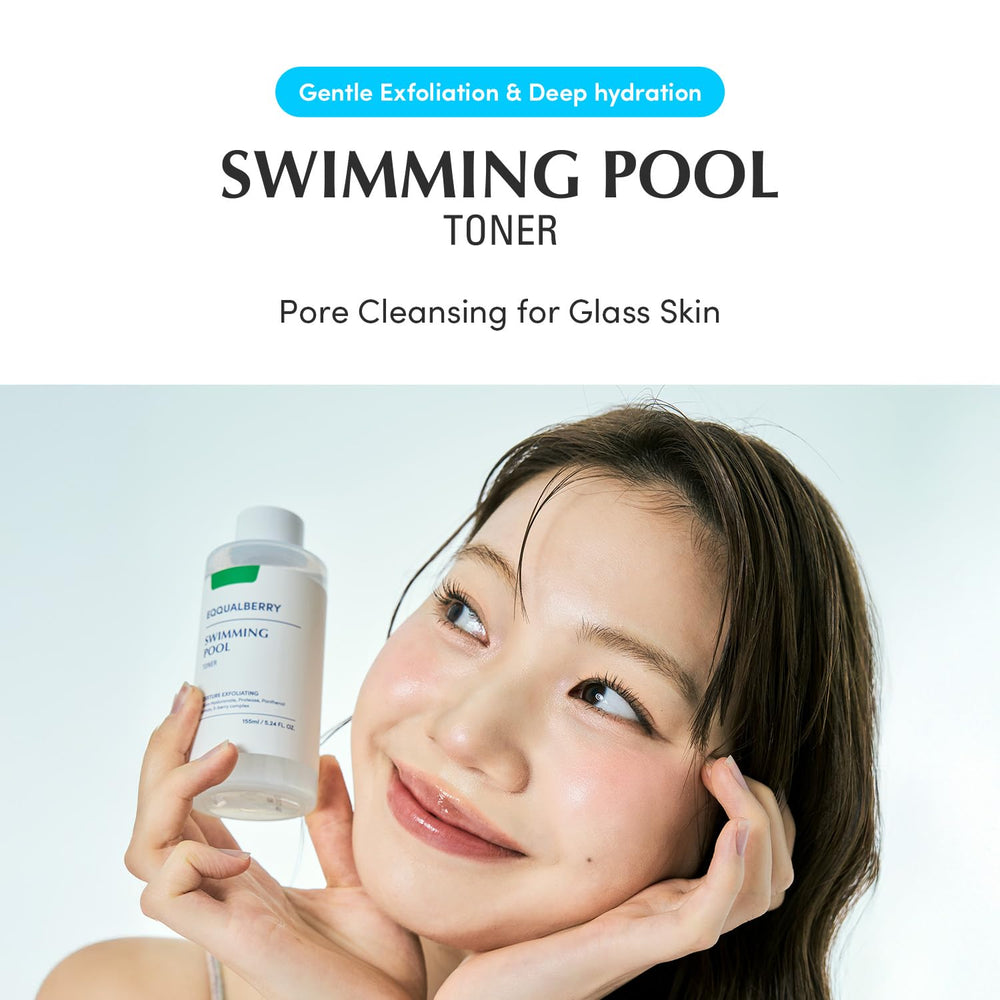 EQQUALBERRY Swimming Pool Toner bottle back label showing ingredients and usage notes.