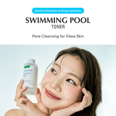 EQQUALBERRY Swimming Pool Toner bottle back label showing ingredients and usage notes.