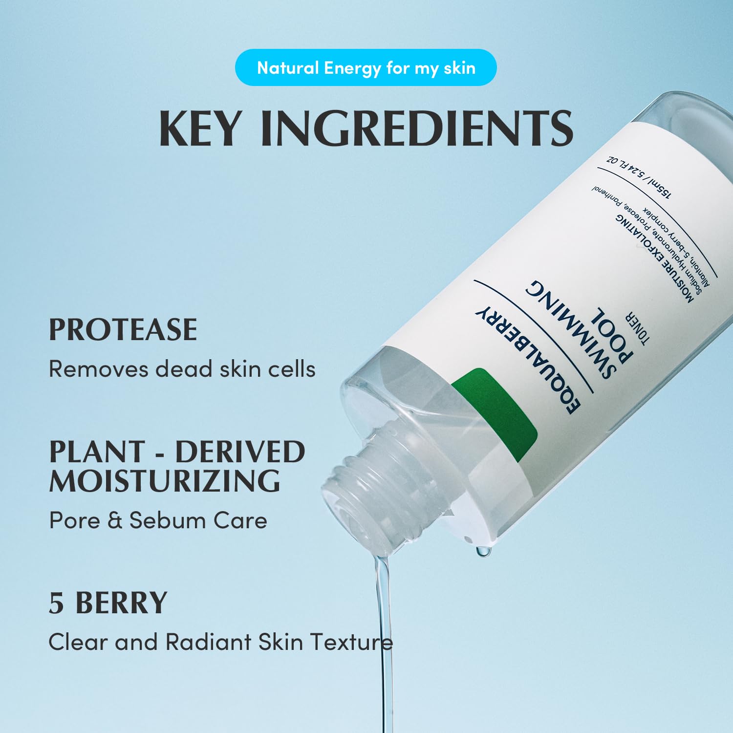EQQUALBERRY Swimming Pool Toner hyaluronic acid drop illustrating deep hydration potential.
