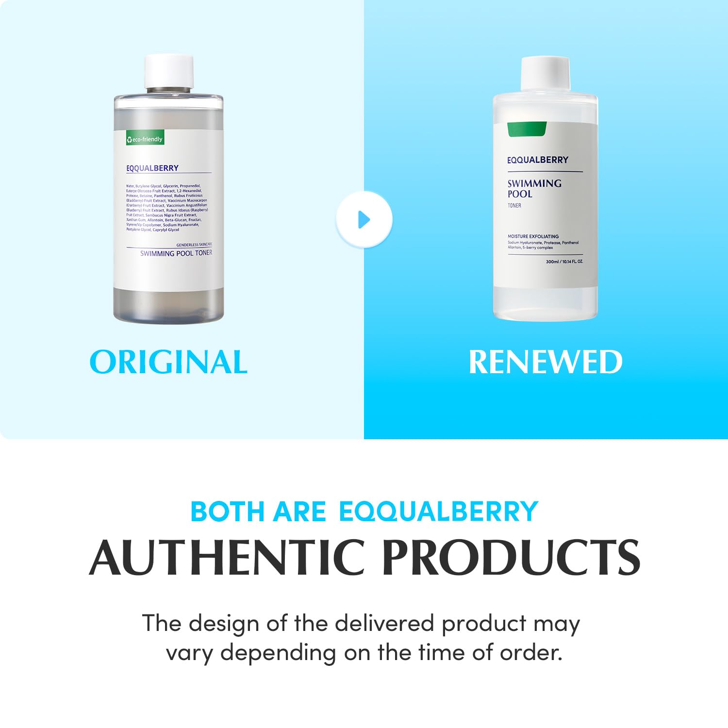 EQQUALBERRY Swimming Pool Toner texture close-up shows silky, non-greasy finish.