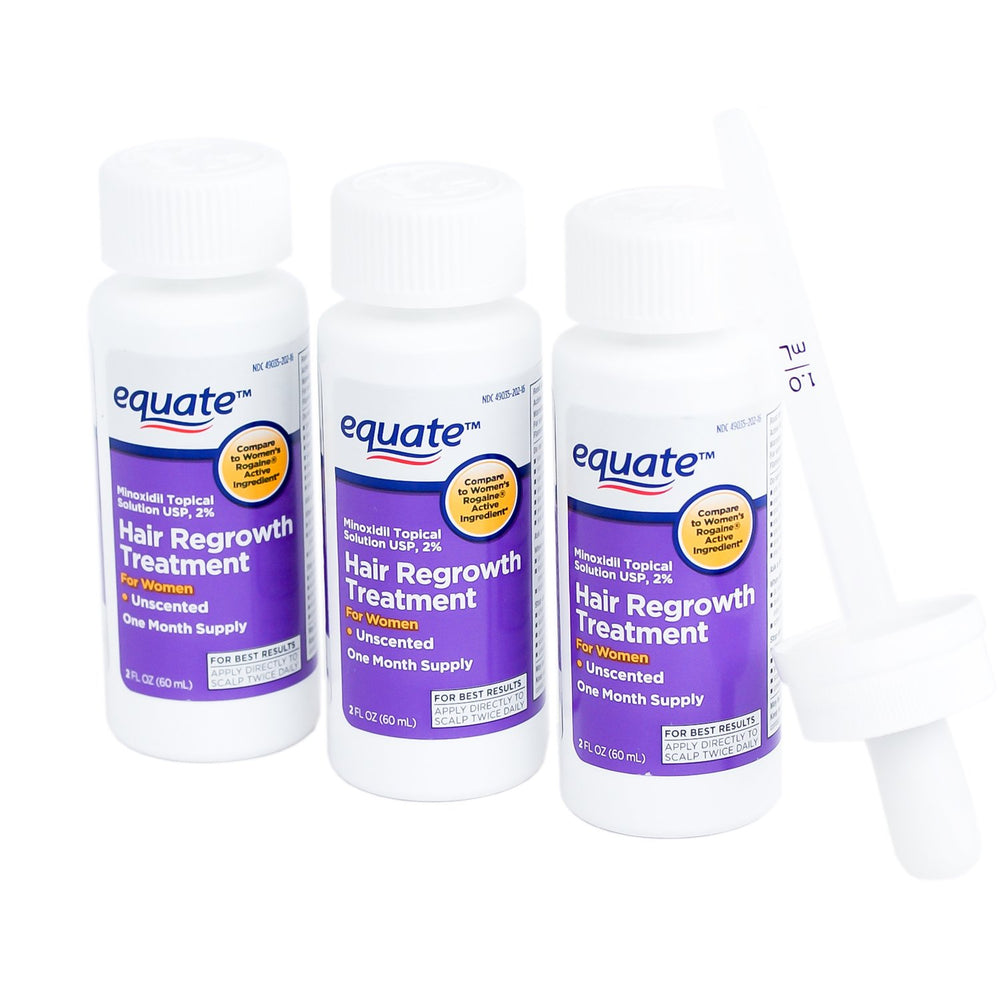 Equate minoxidil 2% women three-month supply packaging for convenient routine.