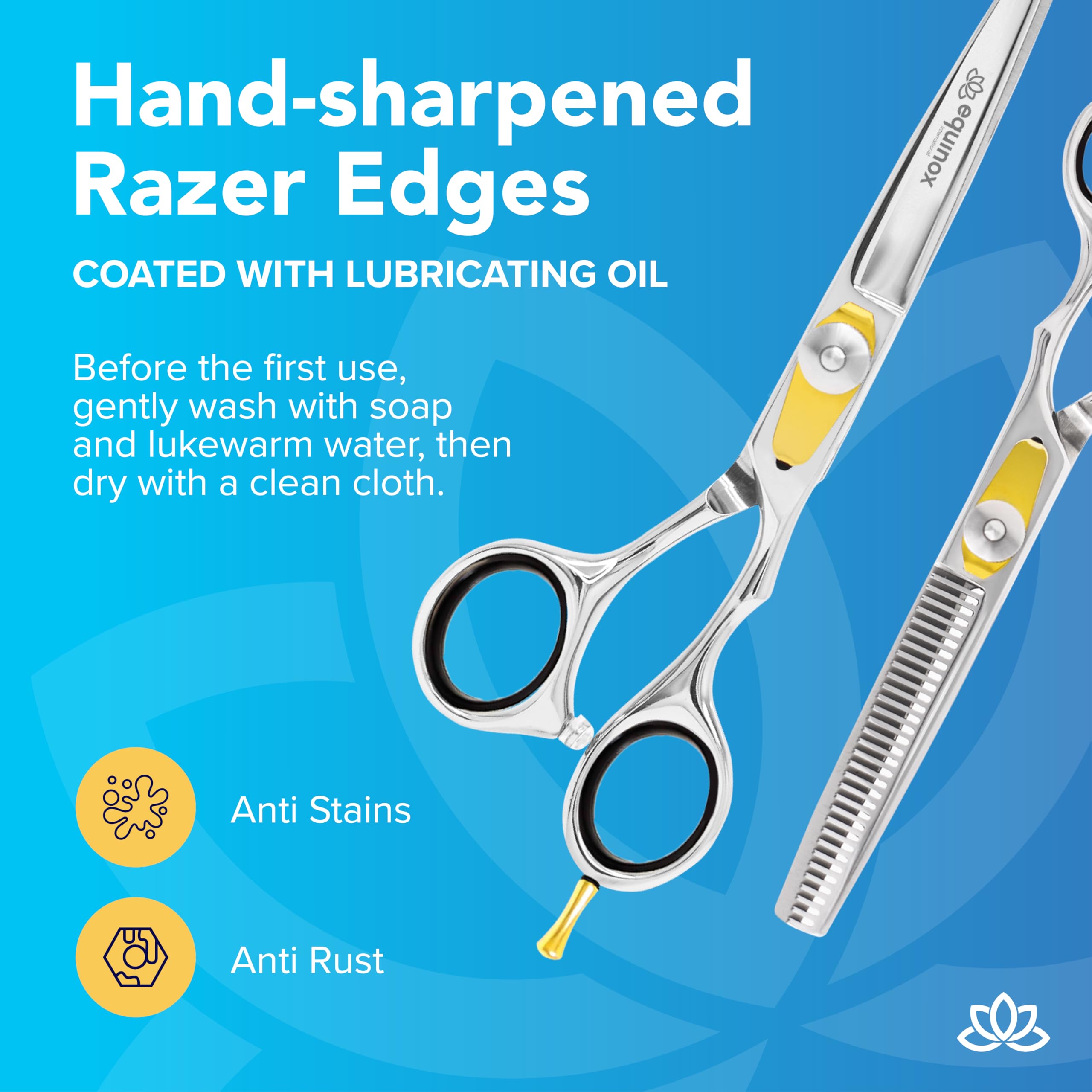 Equinox International Razor Edge 6.5-inch scissors shown with balanced length for versatile styling.