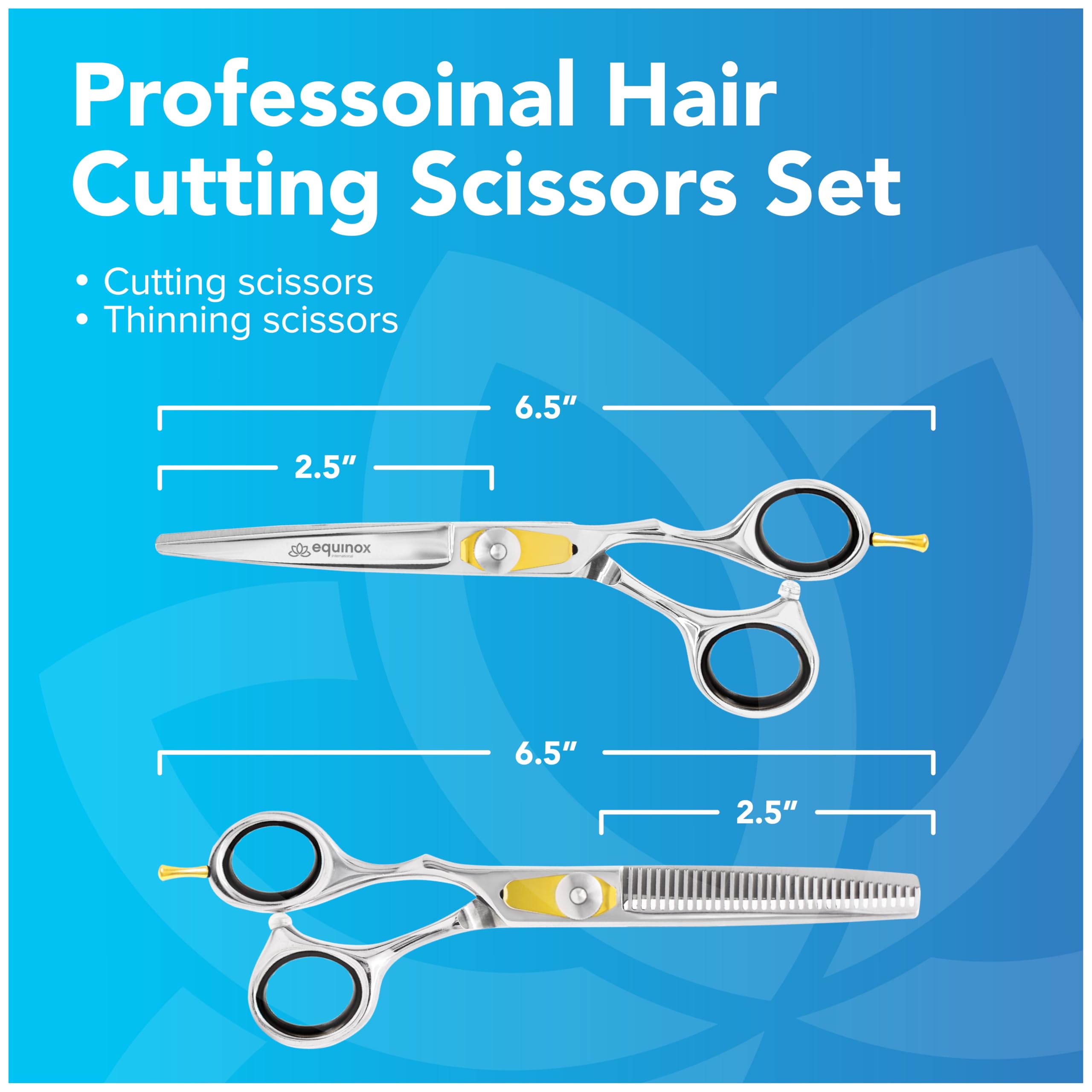 Equinox International Razor Edge scissors set in hand for confident professional or home haircuts.