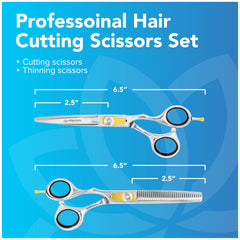 Equinox International Razor Edge scissors set in hand for confident professional or home haircuts.