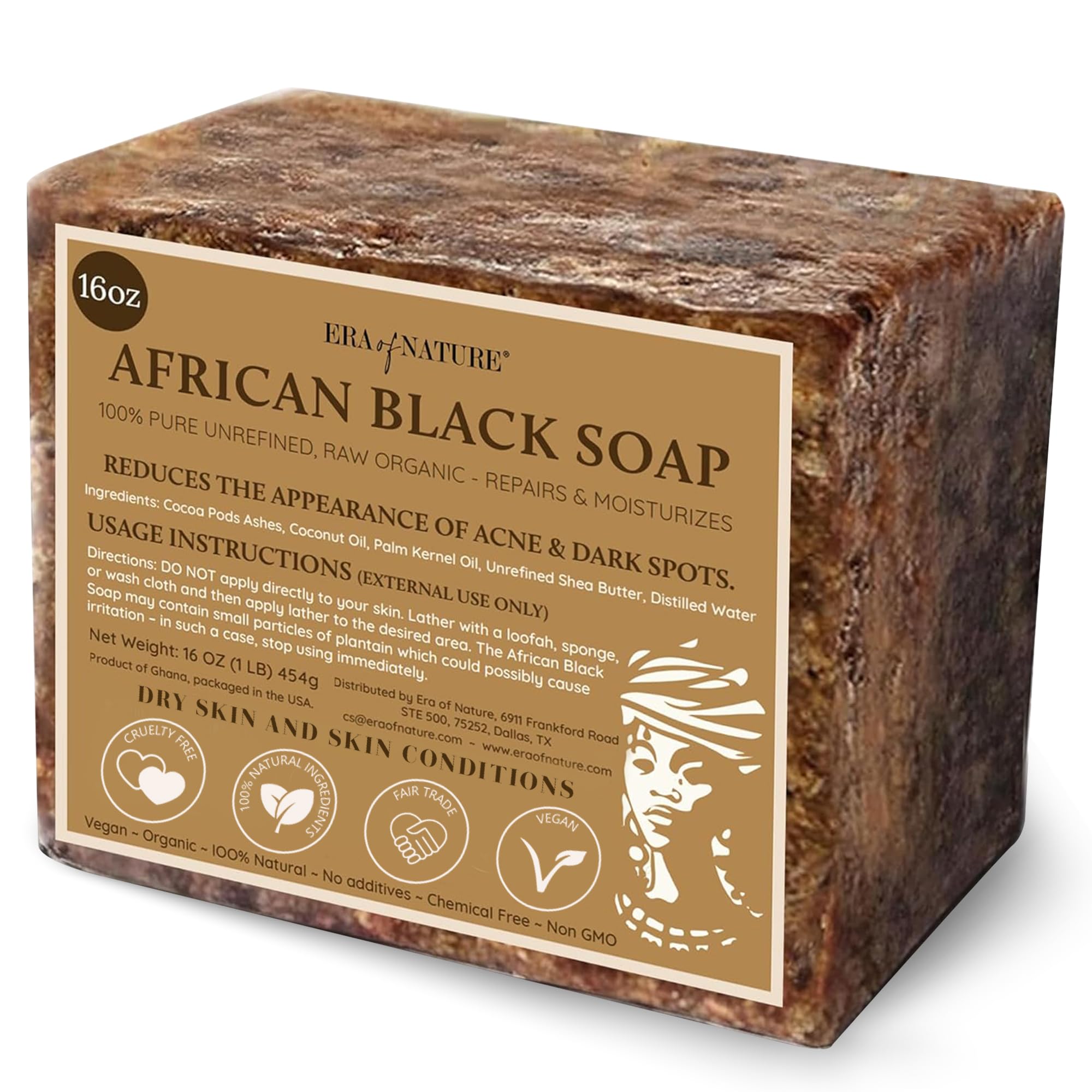 era of nature raw african black soap block closeup shows natural texture for gentle cleansing