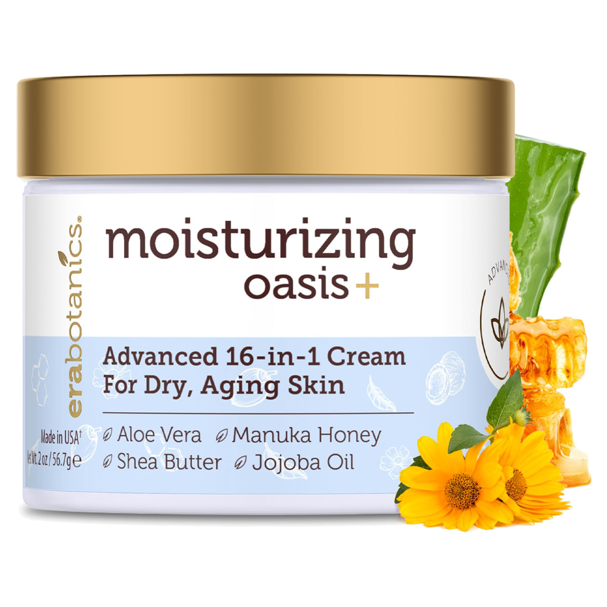 Era Organics Advanced Face Moisturizer label close-up highlighting premium ingredients for daily nourishment.