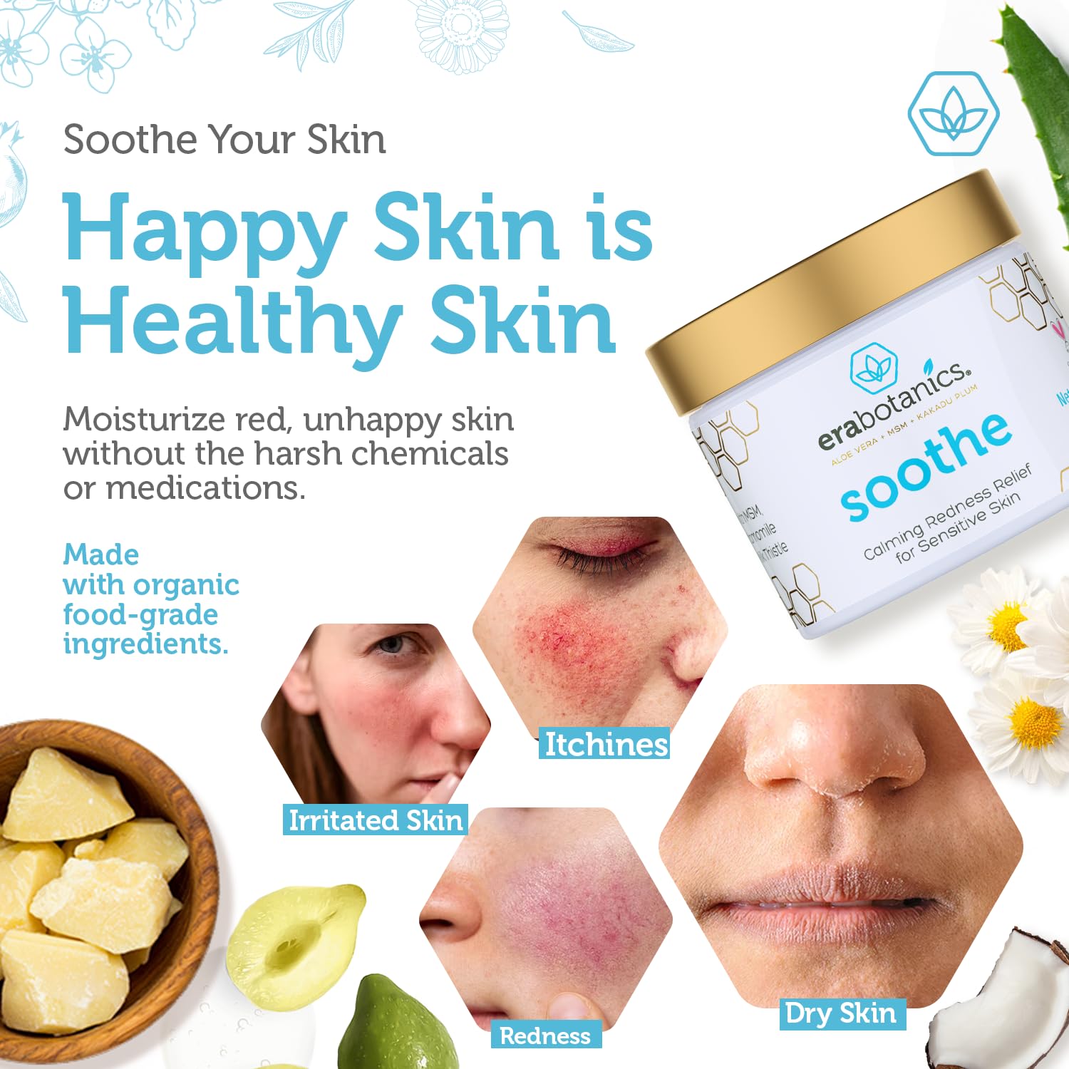 Era Organics Cream Redness Relief texture on skin evokes calm, hydrated comfort.